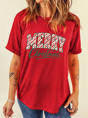 Red graphic t-shirt with Merry Christmas text in candy cane stripes and green script.