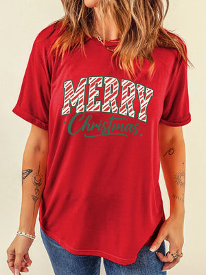 Red graphic t-shirt with Merry Christmas text in candy cane stripes and green script.
