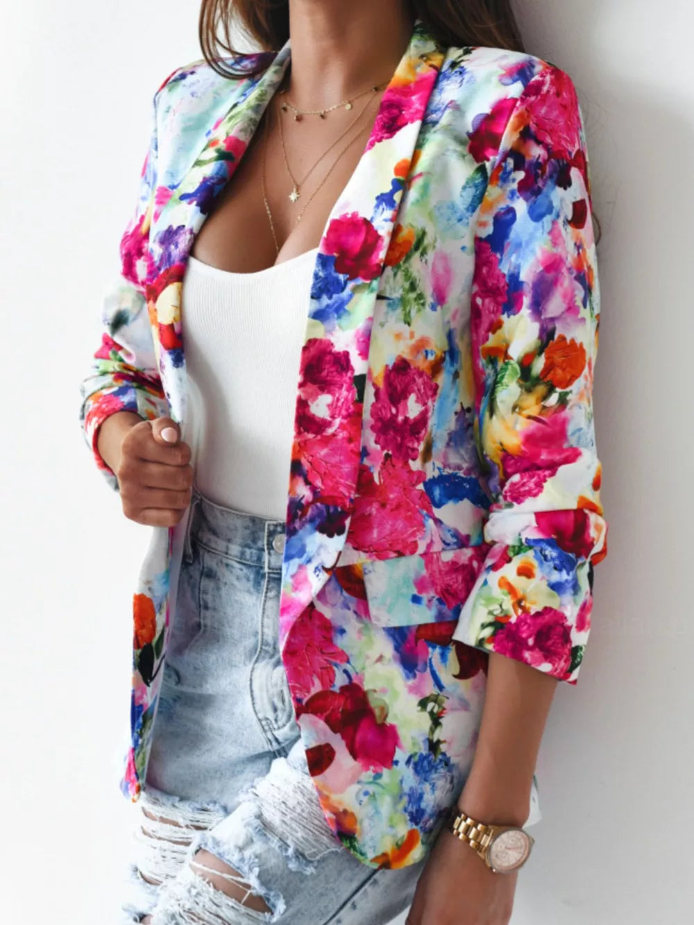 Vibrant Floral Print Open Front Blazer in Red, view 12