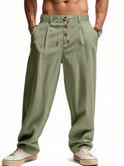 Men's Military Green loose fit drawstring pants with button detail