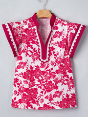 Floral print polyester blouse with lace trim and V-neck