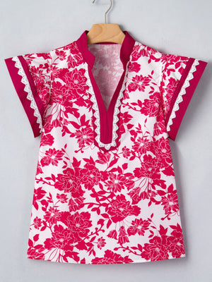 Floral print polyester blouse with lace trim and V-neck
