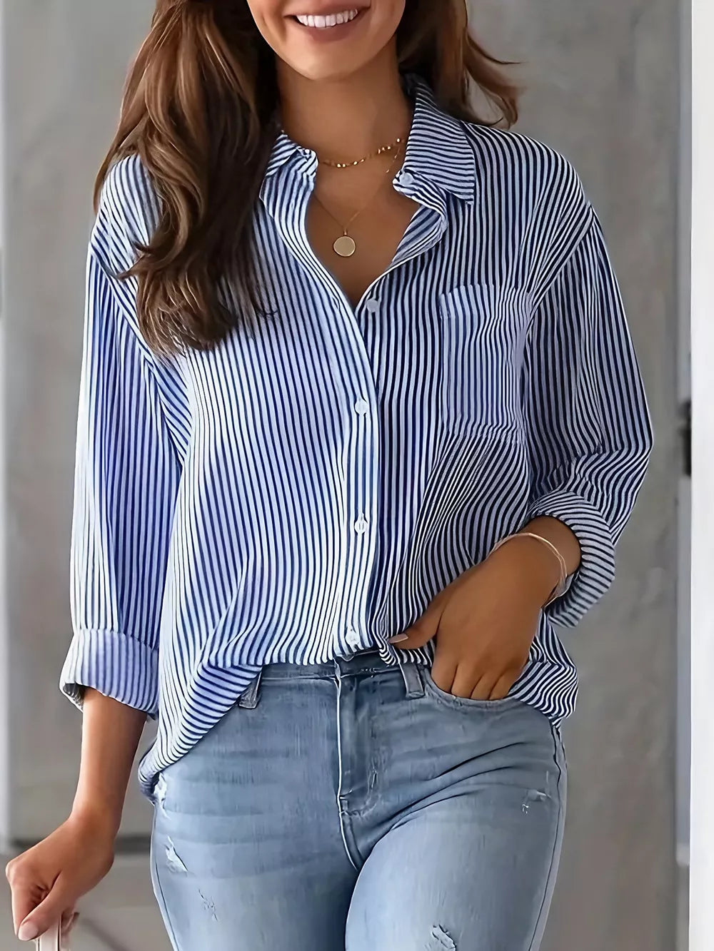 Classic Striped Button-down Shirt in Black, close-up detail