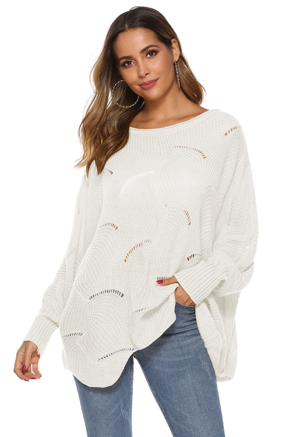 White openwork cocoon sleeve knit sweater with boat neck and relaxed fit.