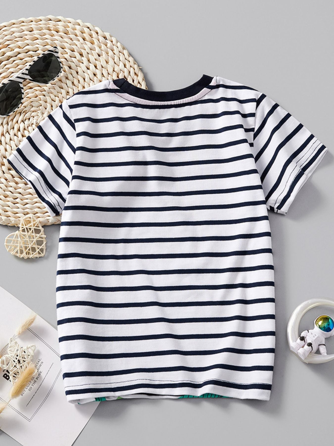 Toddler striped t-shirt with navy crew neck and short sleeves.