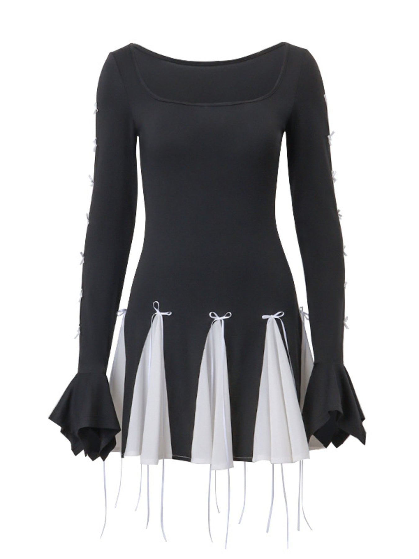 Black mini dress with square neck, long bell sleeves, and a pleated contrast skirt with bowknot details.