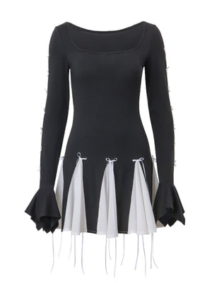 Black mini dress with square neck, long bell sleeves, and a pleated contrast skirt with bowknot details.