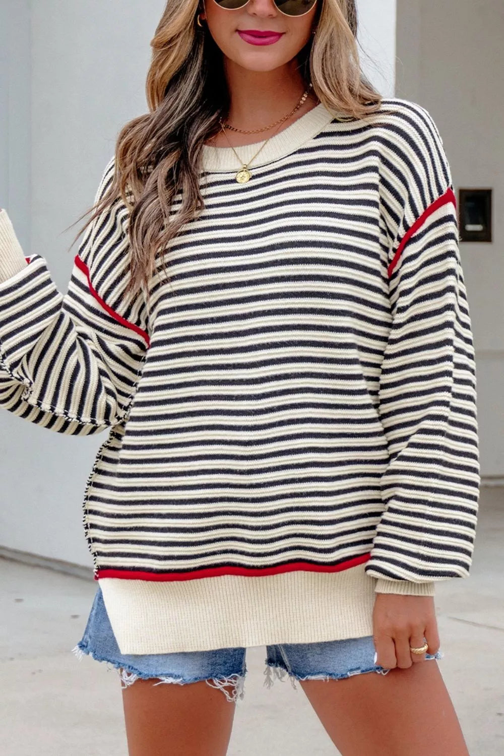 Stripe Ribbed Trim Drop Shoulder Oversized Sweater in Stripe, side view