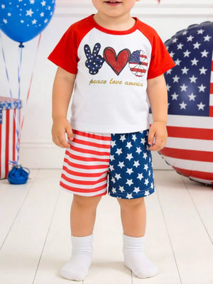 Baby patriotic peace love america set with red raglan tee and striped star shorts.