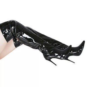 Black patent thigh-high stiletto boots with pointed toes