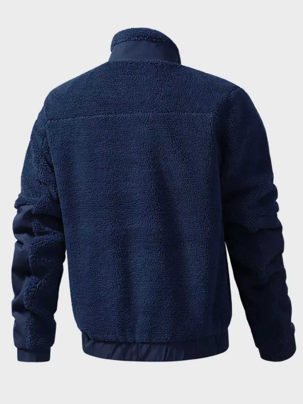 Dark blue sherpa fleece zip-up jacket with contrasting nylon sleeves and collar.