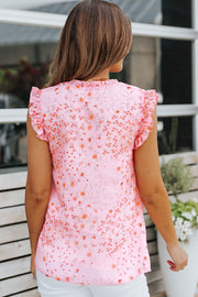 Pink floral ruffle yoke sleeveless blouse with ruffled sleeves.