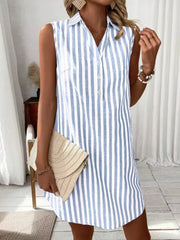 Light blue and white striped collared sleeveless shirt dress with button front.