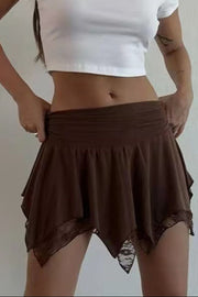 Dark brown lace trim asymmetric hem mini skirt with ruched waistband.