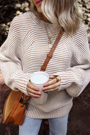Textured stripe batwing knit sweater in taupe with a crew neck and relaxed fit.
