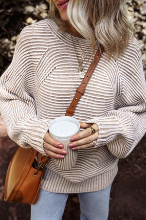 Textured stripe batwing knit sweater in taupe with a crew neck and relaxed fit.