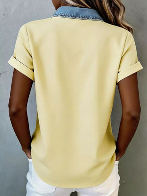 Yellow heathered short sleeve maternity shirt with denim collar and cuffs