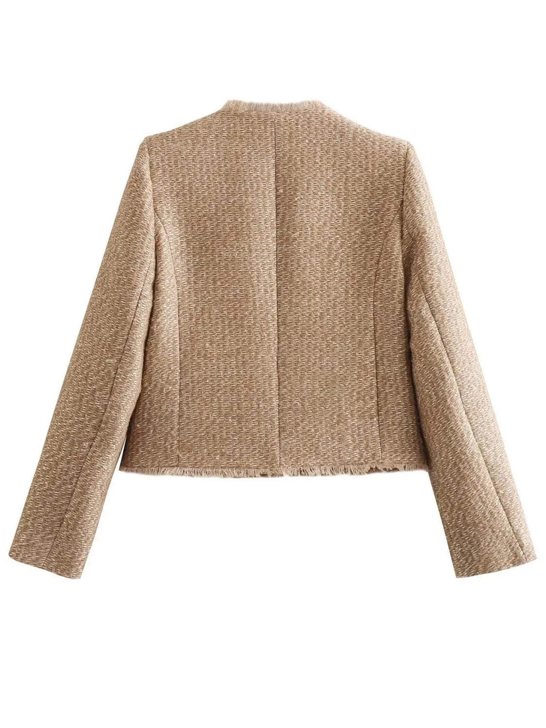 Textured bouclé cropped jacket in camel with fringe hem and collar detail.