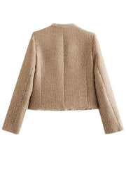 Textured bouclé cropped jacket in camel with fringe hem and collar detail.