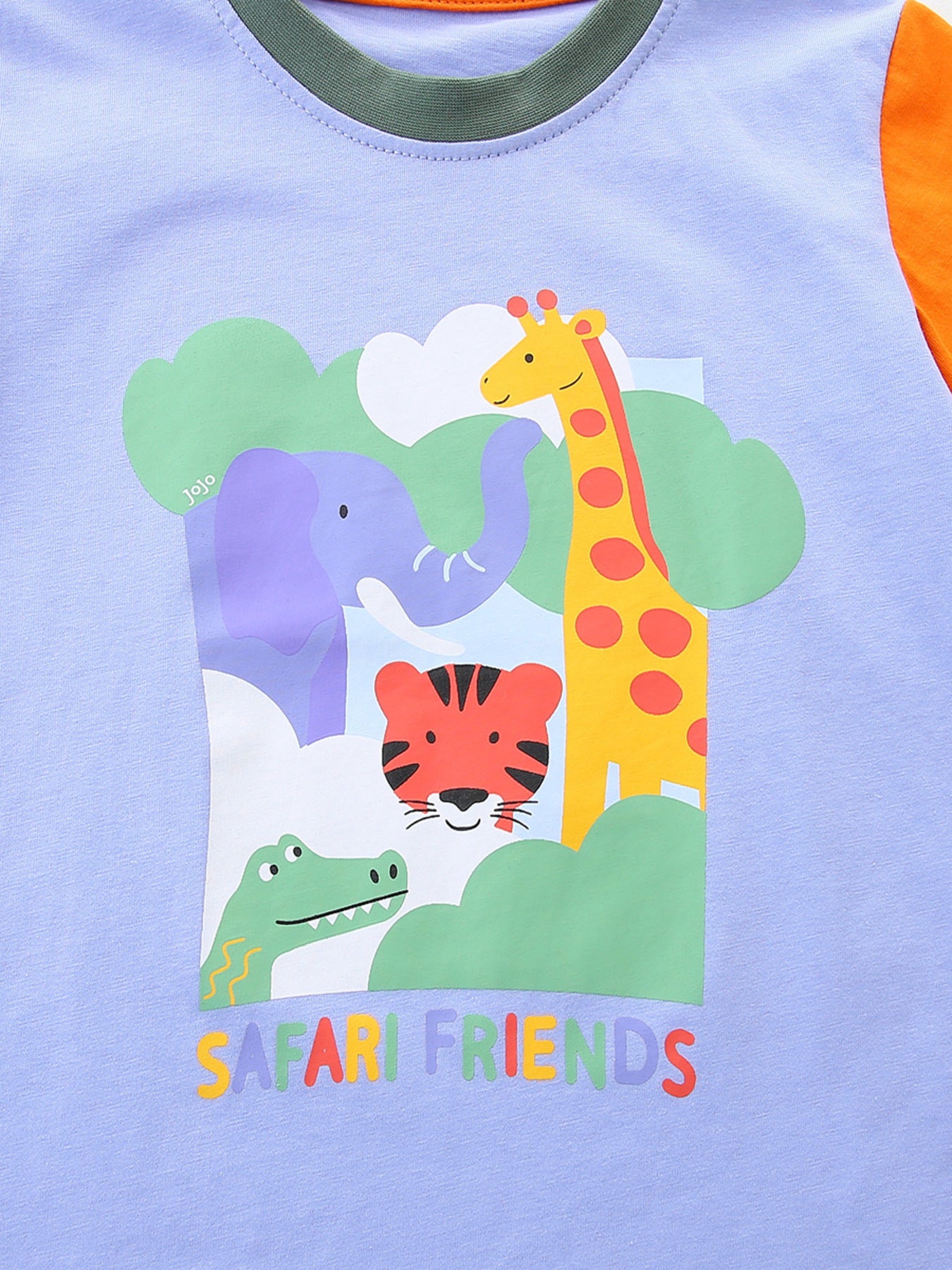 Toddler t-shirt with safari animals print, cotton, crew neck, short sleeves, light blue with orange sleeves.