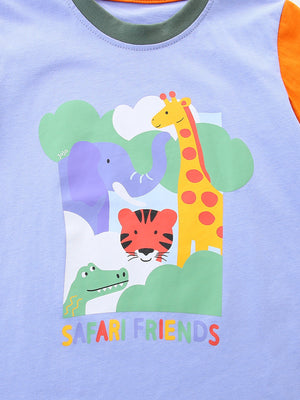 Toddler t-shirt with safari animals print, cotton, crew neck, short sleeves, light blue with orange sleeves.