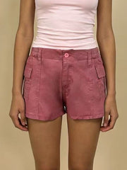 Pink cargo shorts with button fly and side pockets