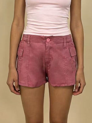 Pink cargo shorts with button fly and side pockets