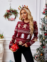Burgundy acrylic knit sweater with gingerbread man and Christmas tree Fair Isle pattern.