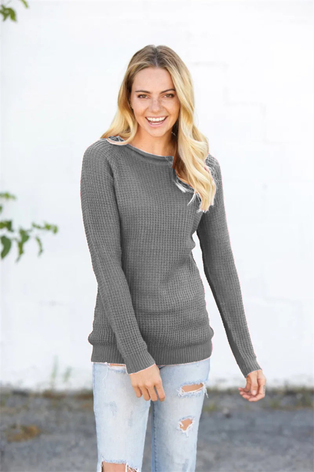 Dark Gray textured knit pullover sweater with honeycomb pattern and crew neck.