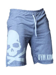 Gray jogger shorts with skull and crossbones graphic and Gym King logo.
