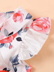 Toddler dress with floral print, ruffle cap sleeves, and collar detail.