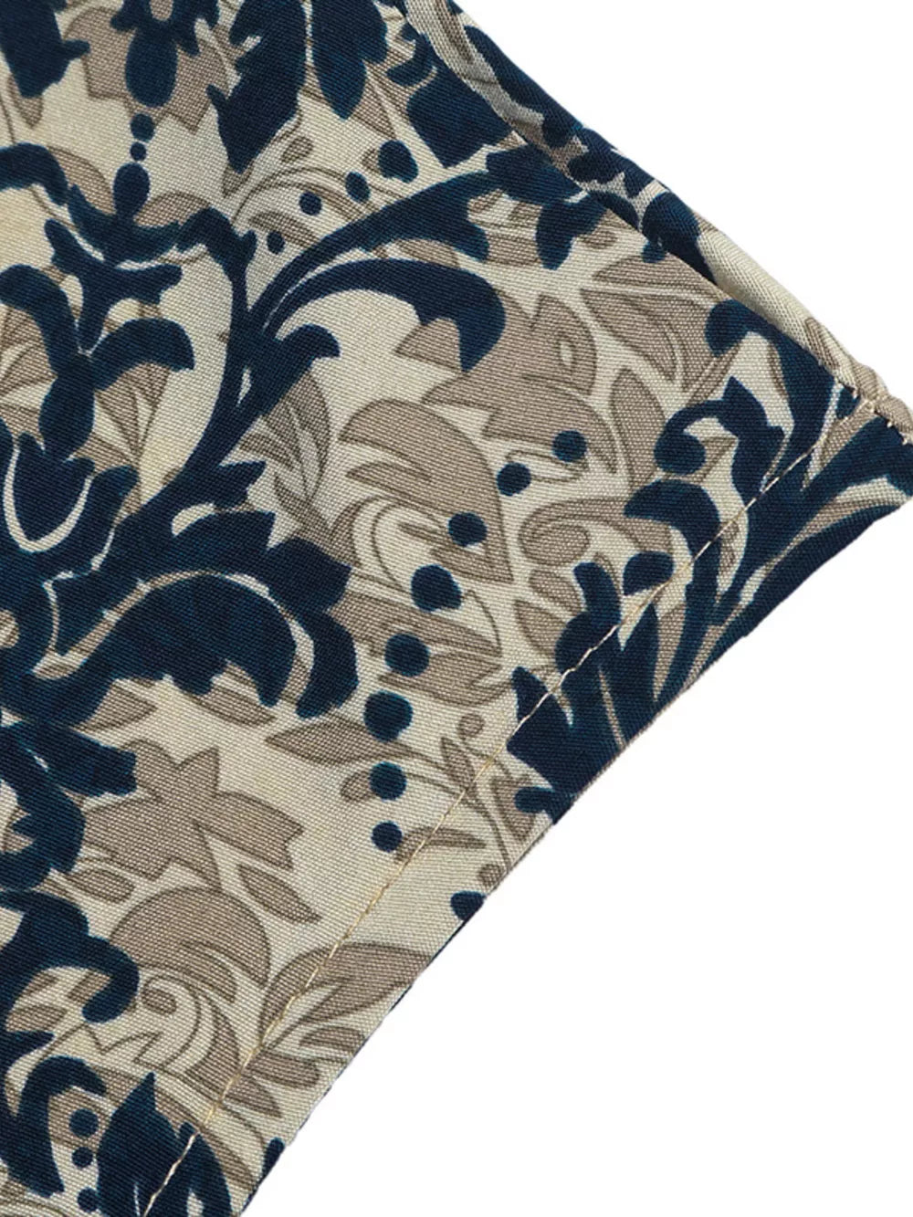 Ornate cap sleeve maternity blouse with notch neckline in a navy and taupe damask print.