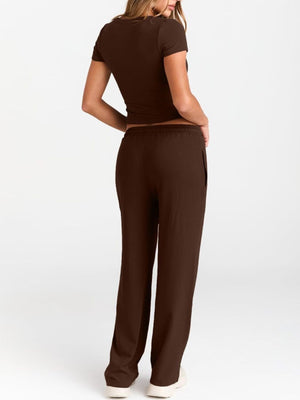 Brown round neck tee and relaxed fit drawstring pants set