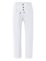 White drawstring sweatpants with button detail and loose fit