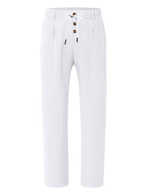 White drawstring sweatpants with button detail and loose fit
