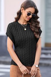 Black cable knit cap sleeve sweater top with crew neck
