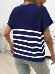 Knit stripe tee in dark navy with white horizontal stripes and short sleeves.