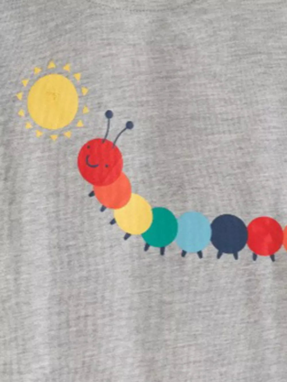 Toddler grey t-shirt with a colorful caterpillar and sun graphic.