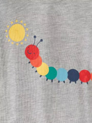 Toddler grey t-shirt with a colorful caterpillar and sun graphic.