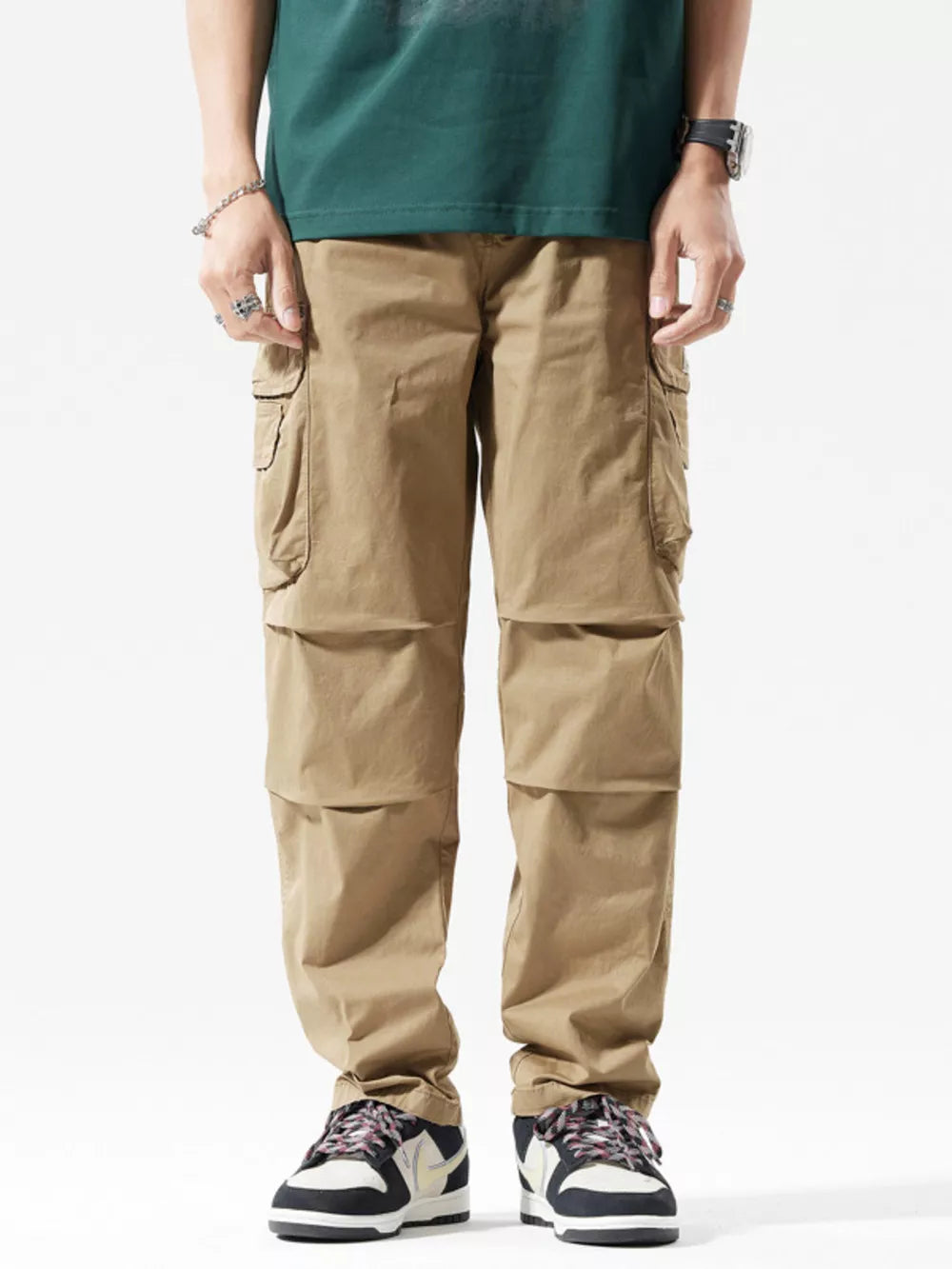 Men's Khakis cargo pants with multiple pockets and a relaxed fit.