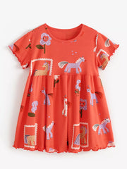 Red cotton blend toddler dress with whimsical horse and flower print, short sleeves, and ruffled hem.