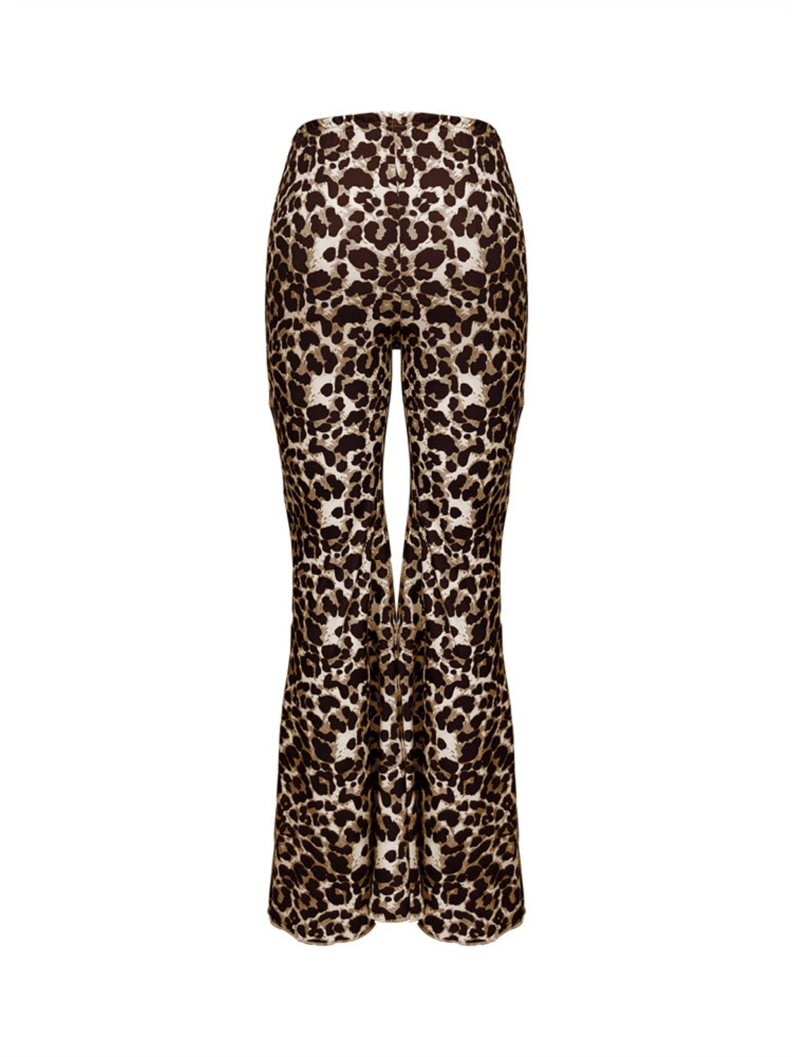 Leopard print bell bottom pants with a high waist and flared leg.