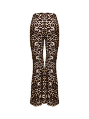 Leopard print bell bottom pants with a high waist and flared leg.