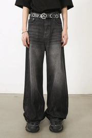 Dark balloon-leg denim jeans with subtle fade and a wide leg