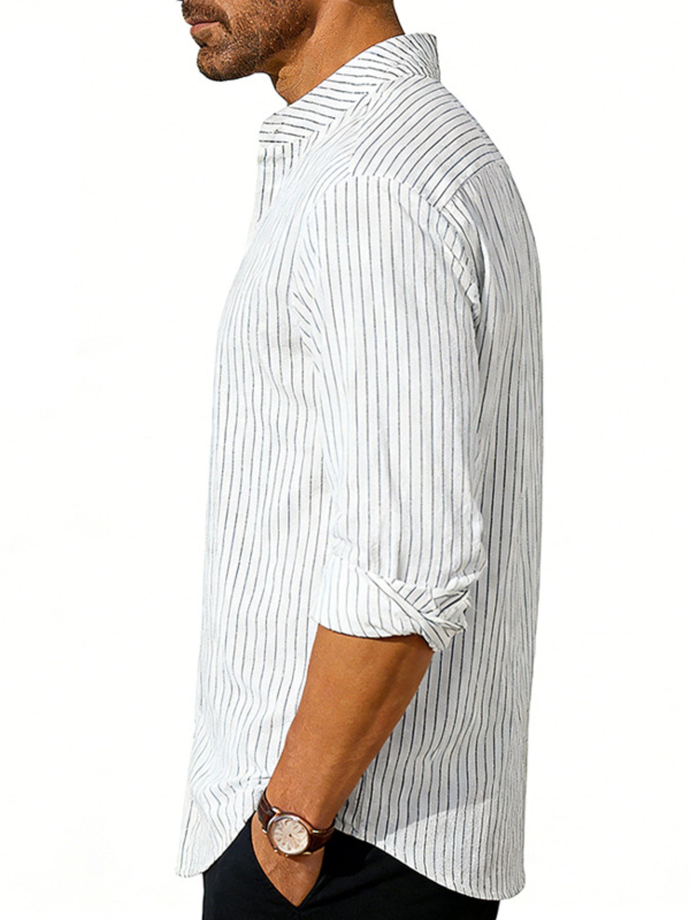 Men's white striped long sleeve shirt with rolled cuffs