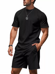 Black ribbed crew neck t-shirt and shorts set with vertical pinstripes.