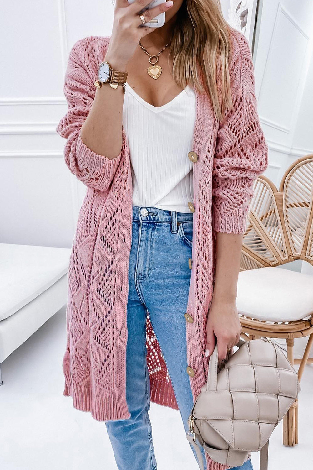 Dusty pink openwork button-down maxi cardigan with diamond pattern and ribbed cuffs.