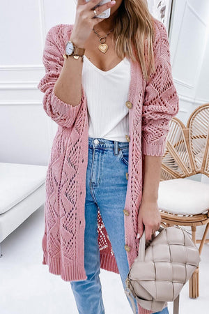 Dusty pink openwork button-down maxi cardigan with diamond pattern and ribbed cuffs.