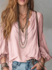 Notched Balloon Sleeve Blouse in Black, fit detail