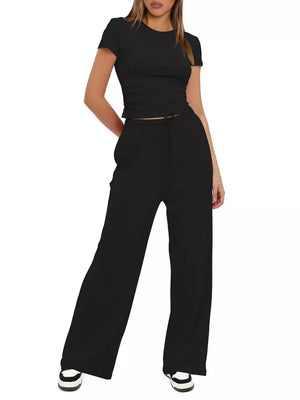 Ruched Short-sleeve Pants in Khaki Color, back view